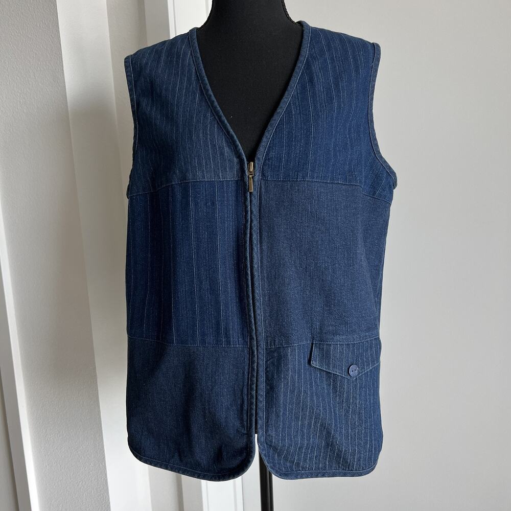 Alia Vest Womens 12 Blue Zip Up Pinstripe Denim Casual Pockets Stretch Layering